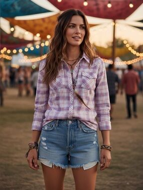 Vintage 90s American Eagle Plaid Button Down Shirt Blue & Pink Western Snaps L